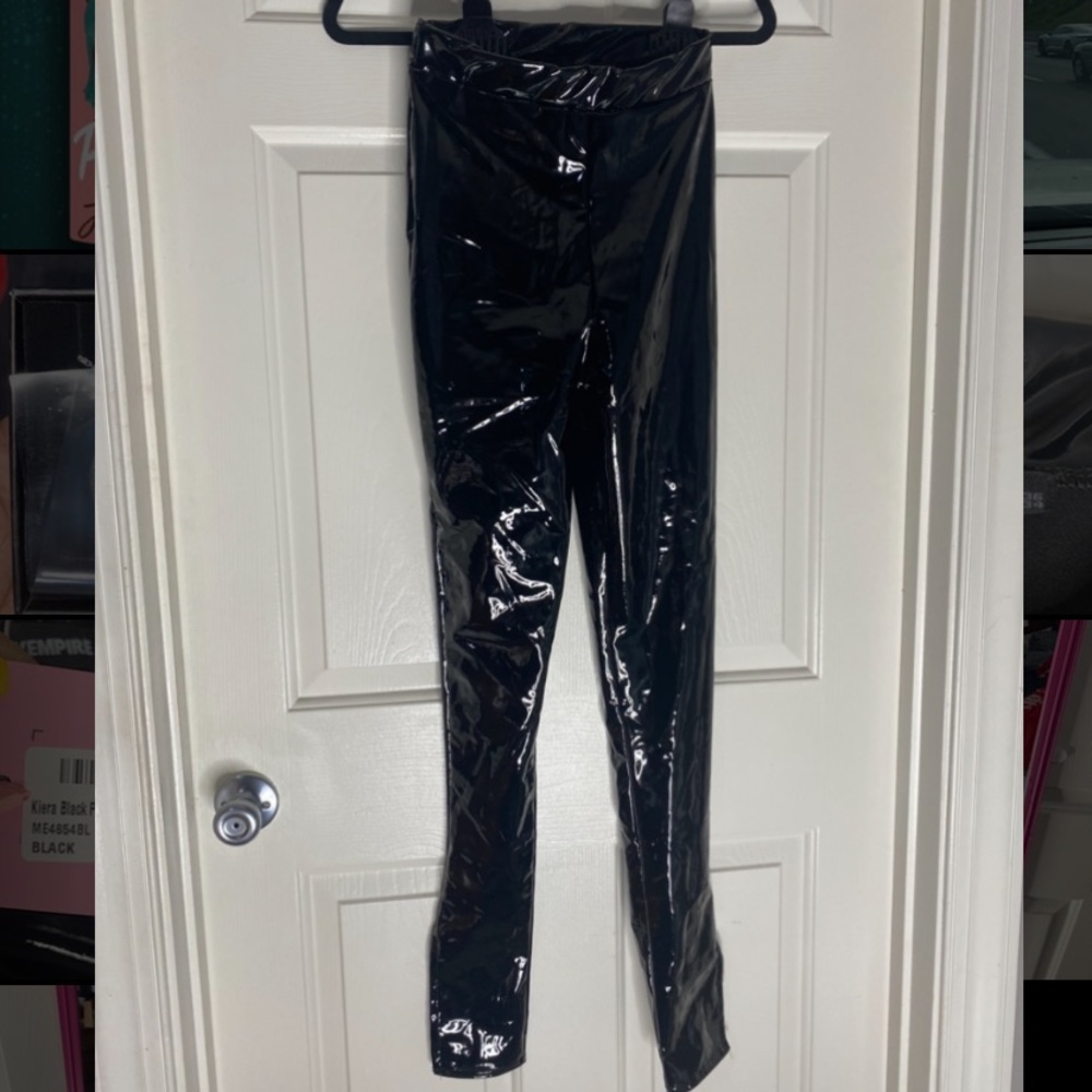 Black Faux Leather Split Hem Trousers